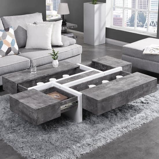 Stockton Gloss Storage Coffee Table In White And Concrete Effect