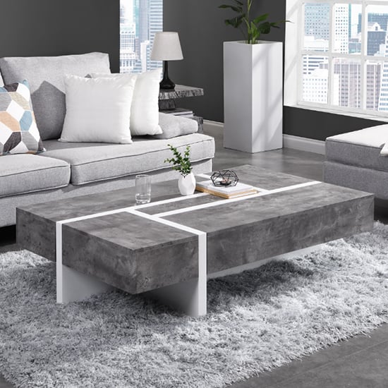 Stockton Gloss Storage Coffee Table In White And Concrete Effect