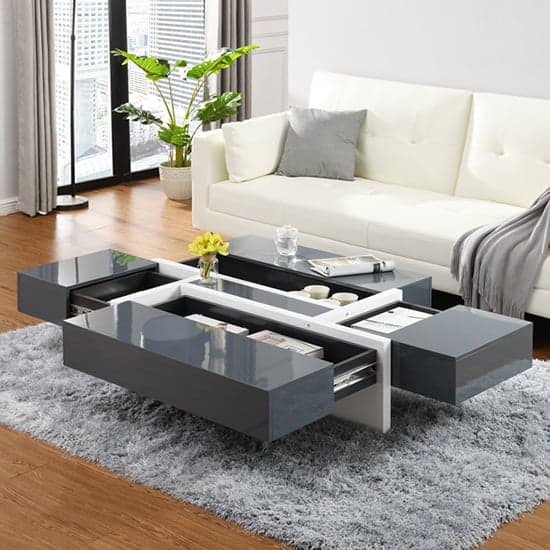 Stockton High Gloss Storage Coffee Table In Grey And White