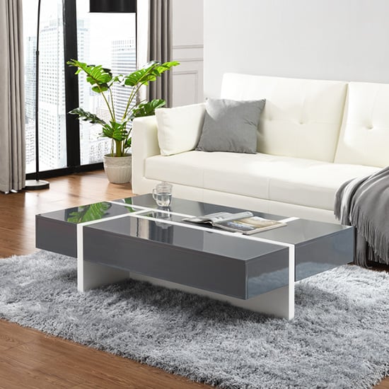 Stockton High Gloss Storage Coffee Table In Grey And White