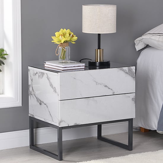 Strasburg Gloss Bedside Cabinet And 2 Drawer In Diva Marble Effect