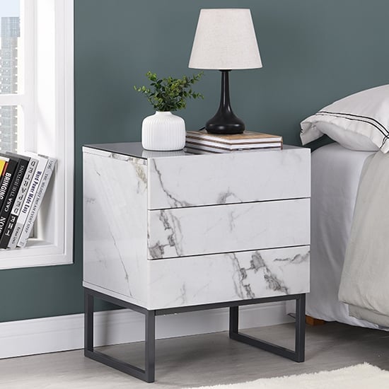 Strasburg Gloss Bedside Cabinet And 3 Drawer In Diva Marble Effect