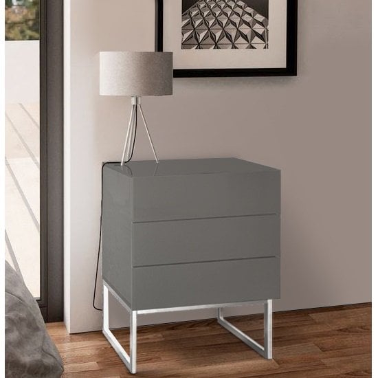 Strasburg High Gloss Bedside Cabinet With 3 Drawers In Grey