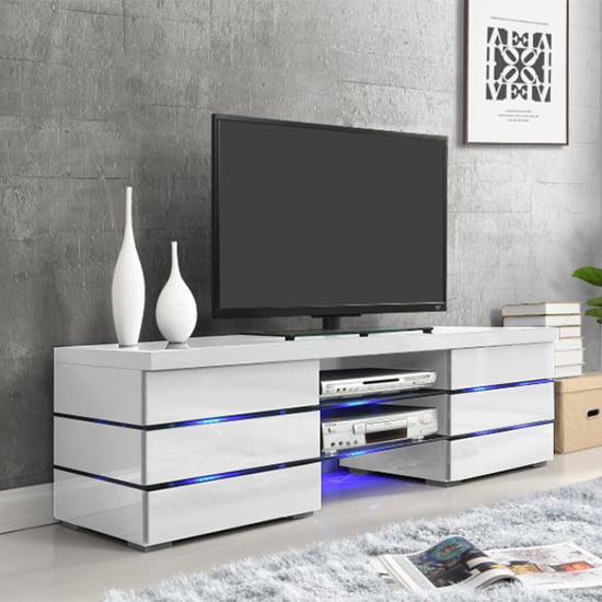 Swansea High Gloss TV Stand In White With Blue LED Lighting