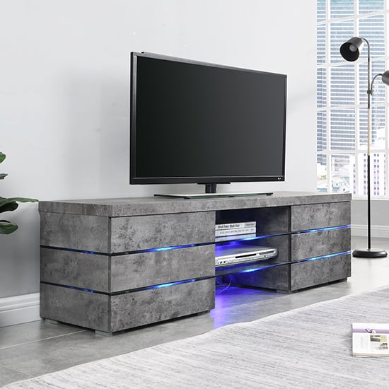 Swansea Wooden TV Stand In Concrete Effect With Blue LED Lighting