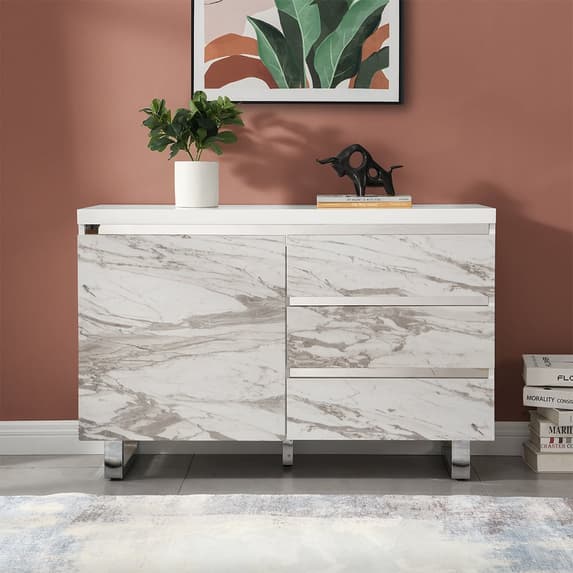 Swazi Filo Effect Small Sideboard With 1 Door 3 Drawer In White