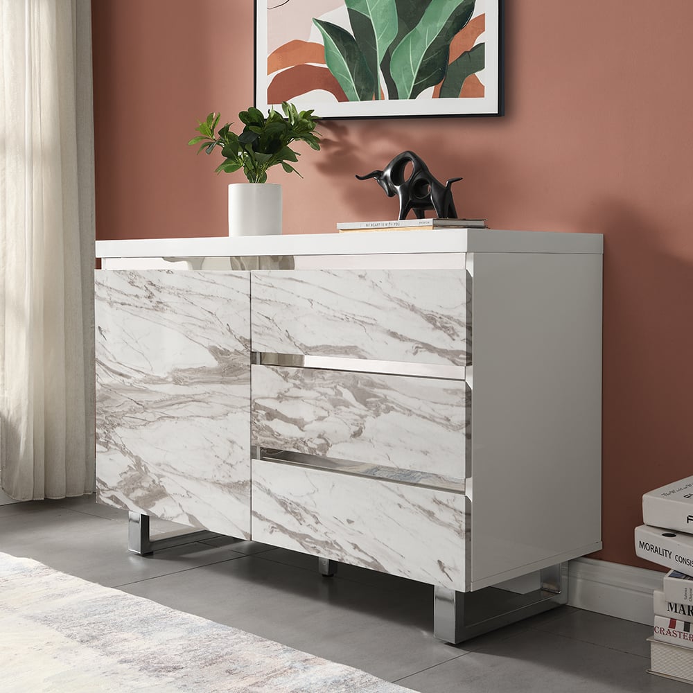 Swazi Filo Effect Small Sideboard With 1 Door 3 Drawer In White