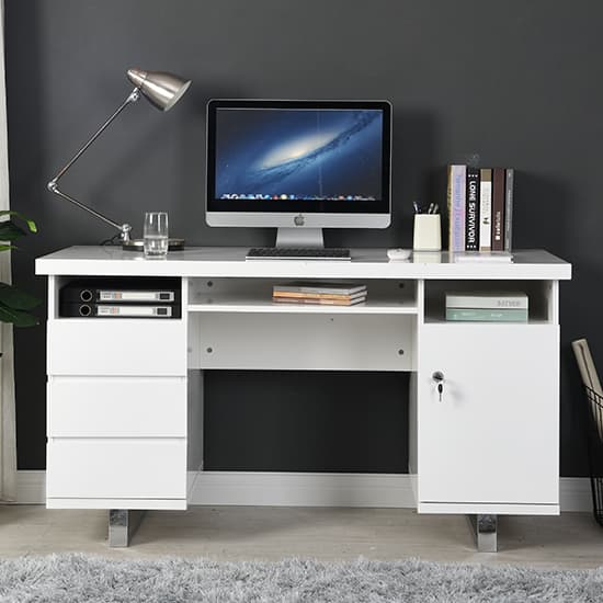 Swazi High Gloss Computer Desk In White With 3 Drawers