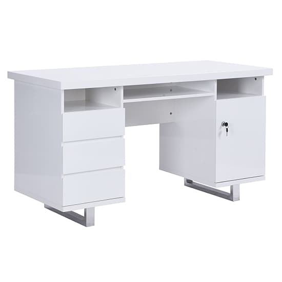 Swazi High Gloss Computer Desk In White With 3 Drawers