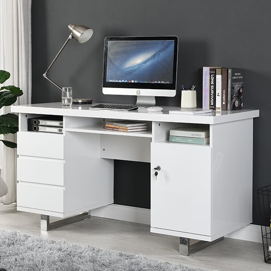 Swazi High Gloss Computer Desk In White With 3 Drawers