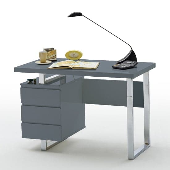 Swazi High Gloss Computer Desk With 3 Drawers In Grey