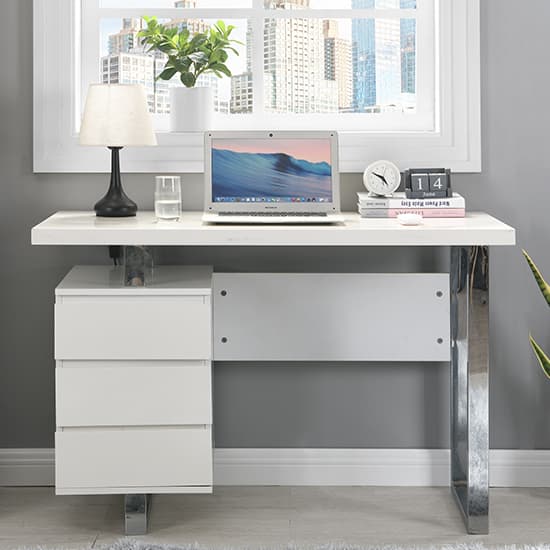 Swazi High Gloss Computer Desk With 3 Drawers In White