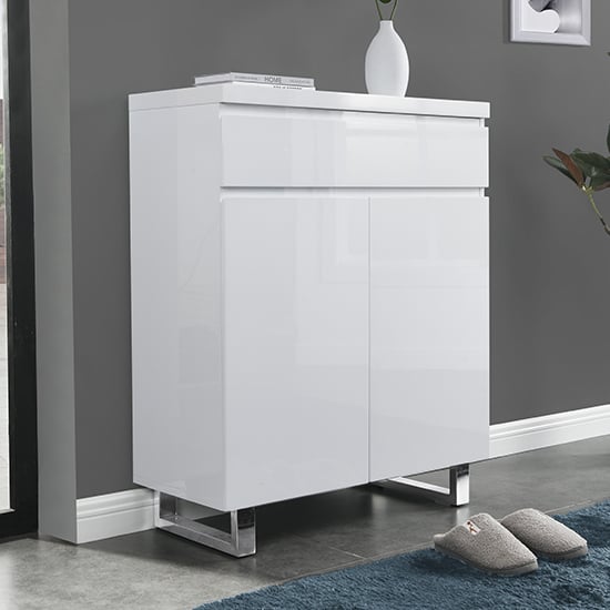 Swazi High Gloss Shoe Cabinet With 2 Door 1 Drawer In White