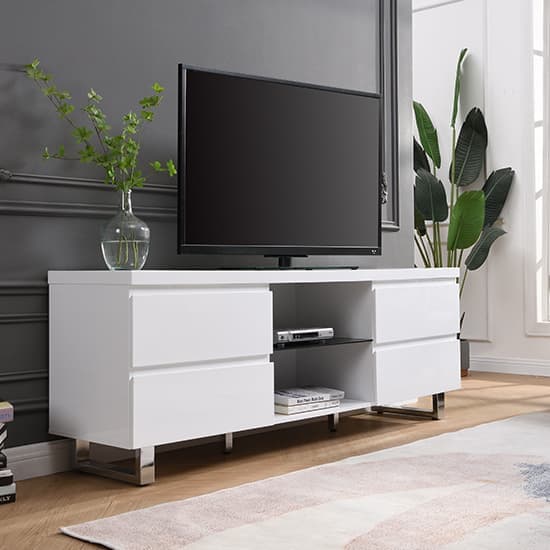 Swazi High Gloss TV Stand In White With 4 Drawers