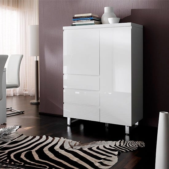 Swazi Highboard In White High Gloss With 2 Door And 3 Drawers