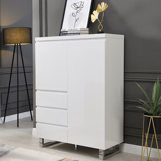 Swazi Highboard In White High Gloss With 2 Door And 3 Drawers