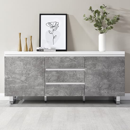 Swazi Large High Gloss Sideboard In White And Concrete Effect