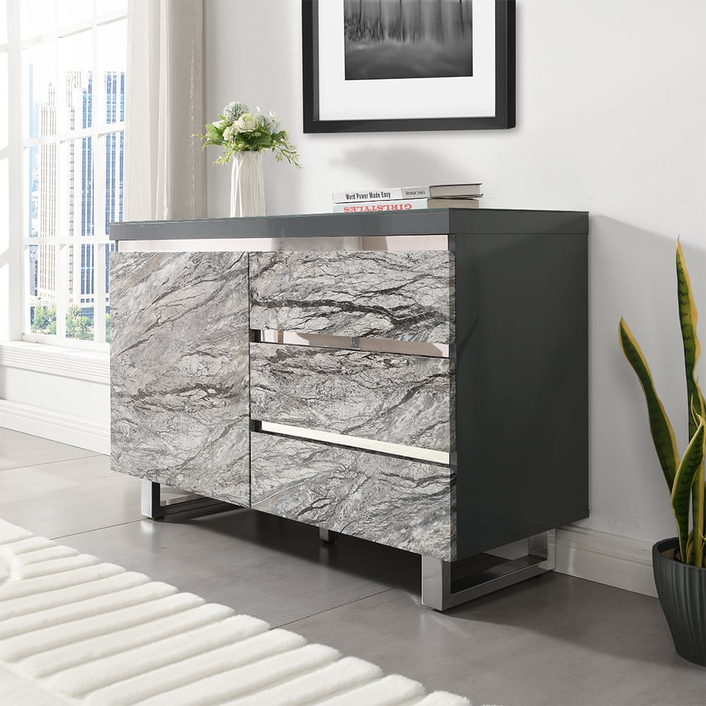 Swazi Melange Effect Small Sideboard With 1 Door 3 Drawer In Grey