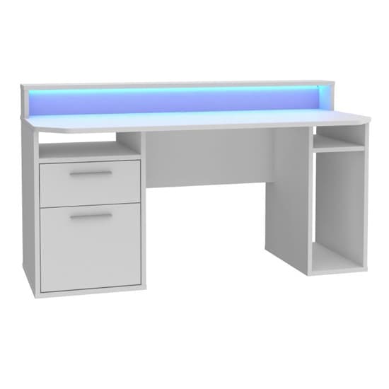 Terrell Wooden Gaming Desk 1 Door 1 Drawer In White With Blue LED