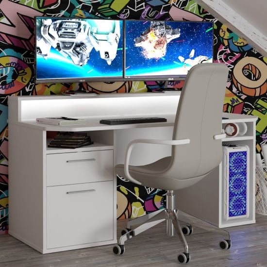 Terrell Wooden Gaming Desk 1 Door 1 Drawer In White With Blue LED