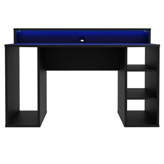 Terrell Wooden Gaming Desk 2 Shelves In Matt Black With Blue LED