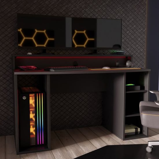 Terrell Wooden Gaming Desk 2 Shelves In Matt Black With Blue LED