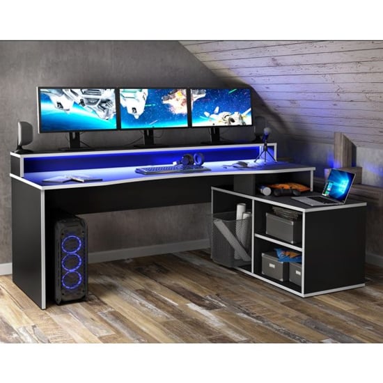 Terrell Wooden Gaming Desk Corner In Black With White Trim And LED