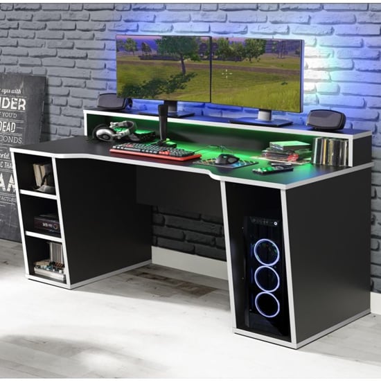 Terrell Wooden Gaming Desk In Black With White Trim And LED