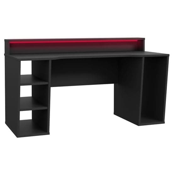 Terrell Wooden Gaming Desk With 2 Shelves In Black And LED