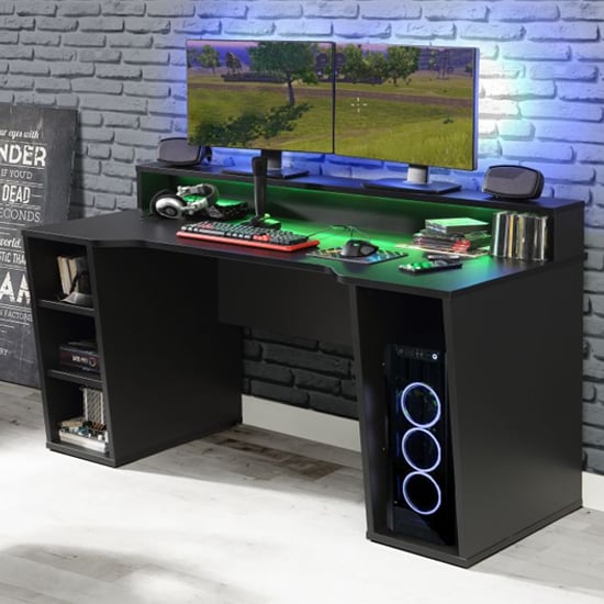 Terrell Wooden Gaming Desk With 2 Shelves In Black And LED