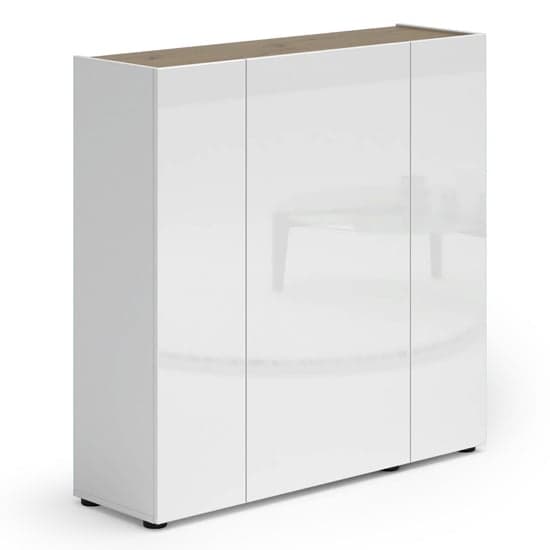 Tipton High Gloss Shoe Cabinet 3 Doors In White Artisan Oak Top