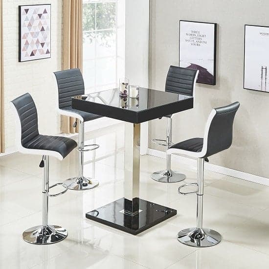 Topeka Glass Black Gloss Bar Table 4 Riga Black White Stools