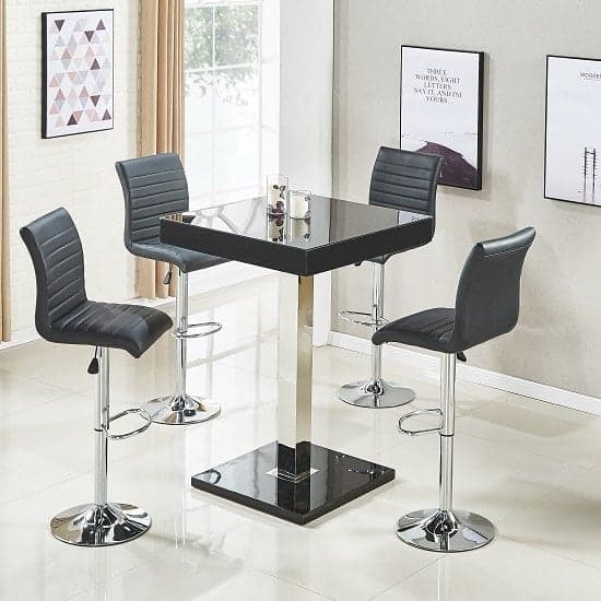 Topeka Glass Black Gloss Bar Table With 4 Rifle Black Stools