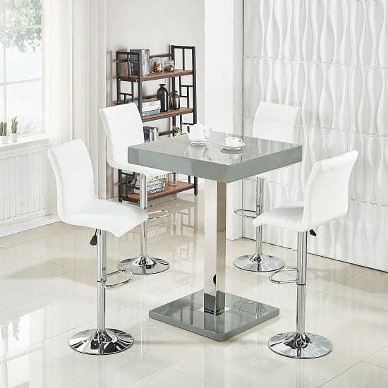 Topeka Glass Grey Gloss Bar Table With 4 Rifle White Stools