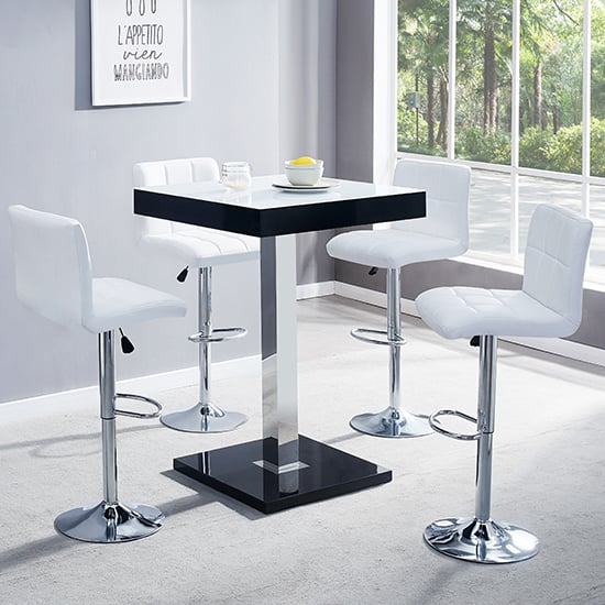 Topeka Glass White Black Gloss Bar Table 4 Concord White Stools