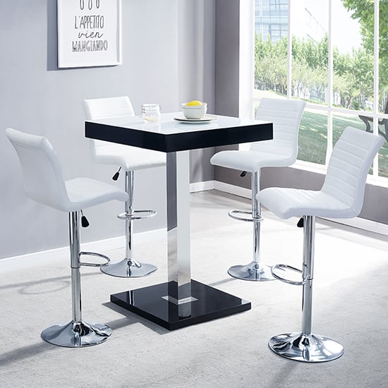 Topeka Glass White Black Gloss Bar Table 4 Rifle White Stools