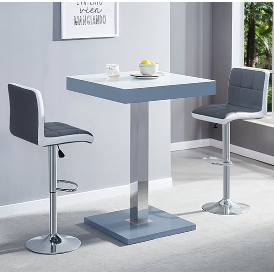 Topeka Glass White Grey Bar Table 2 Cortez Grey White Stools