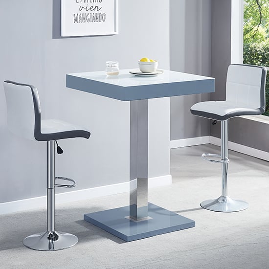 Topeka Glass White Grey Bar Table 2 Cortez White Grey Stools