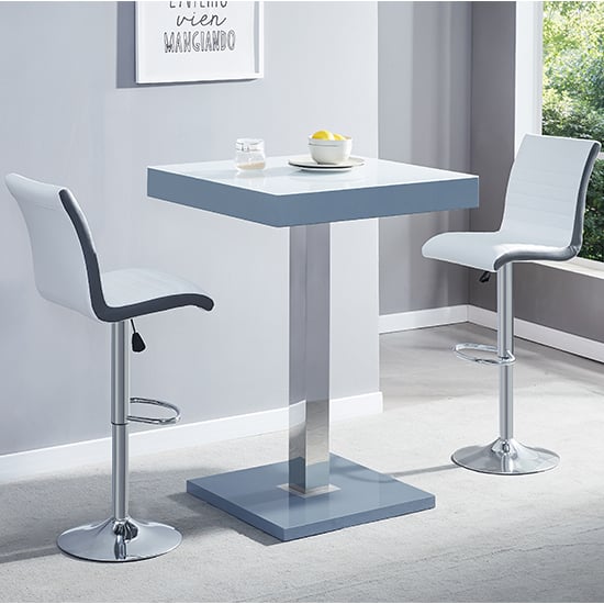 Topeka Glass White Grey Bar Table 2 Riga White Grey Stools