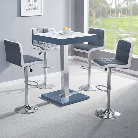 Topeka Glass White Grey Bar Table 4 Cortez Grey White Stools