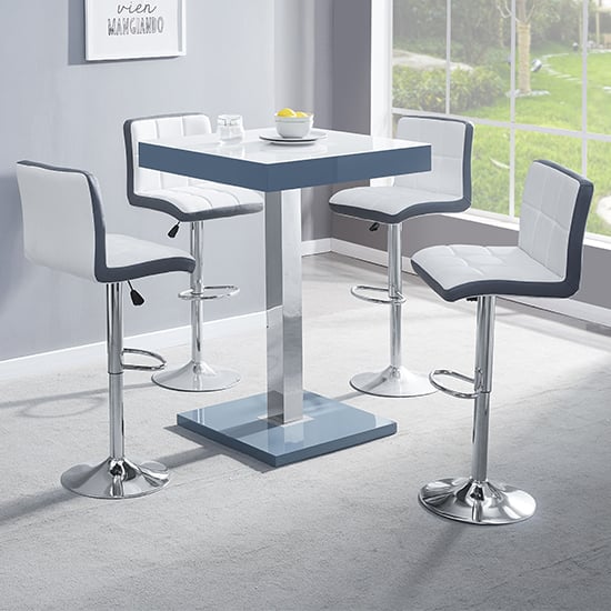 Topeka Glass White Grey Bar Table 4 Cortez White Grey Stools