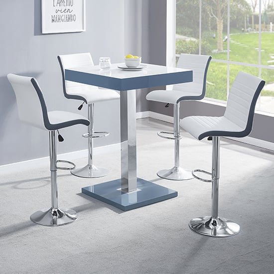 Topeka Glass White Grey Bar Table 4 Riga White Grey Stools