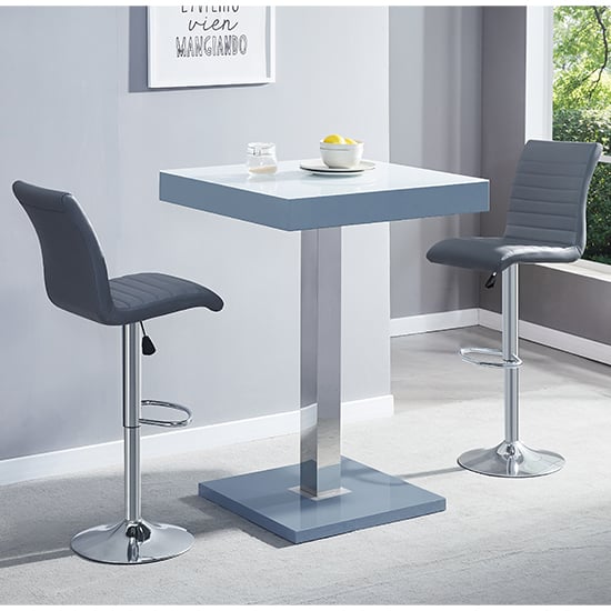 Topeka Glass White Grey Bar Table With 2 Rifle Grey Stools