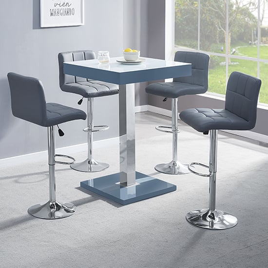 Topeka Glass White Grey Bar Table With 4 Concord Grey Stools