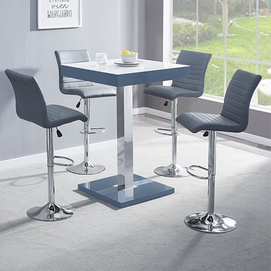 Topeka Glass White Grey Bar Table With 4 Rifle Grey Stools