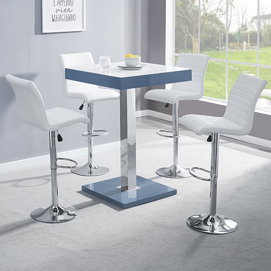 Topeka Glass White Grey Bar Table With 4 Rifle White Stools