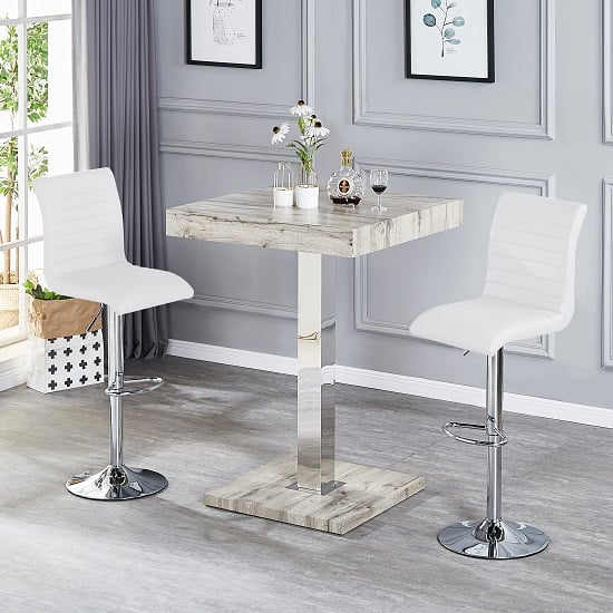 Topeka Grey Oak Effect Bar Table With 2 Rifle White Stools