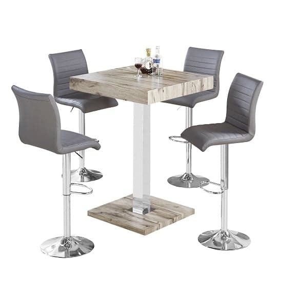 Topeka Grey Oak Effect Bar Table With 4 Rifle Grey Stools