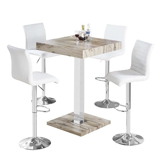 Topeka Grey Oak Effect Bar Table With 4 Rifle White Stools