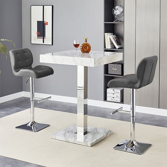 Topeka Magnesia Effect High Gloss Bar Table 2 Canyon Grey Stools